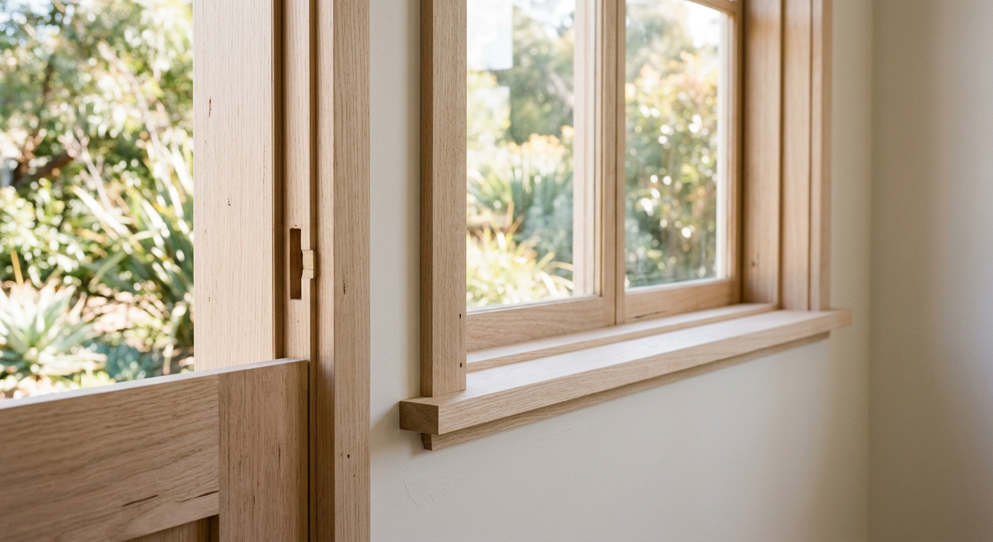 Clean timber door frame and window sill inside a bright home