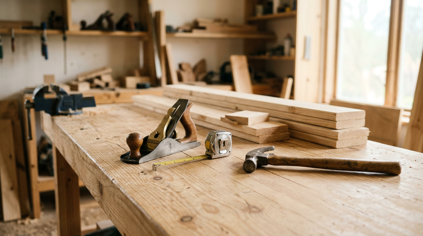 Timber boards and carpentry hand tools resting on a workbench